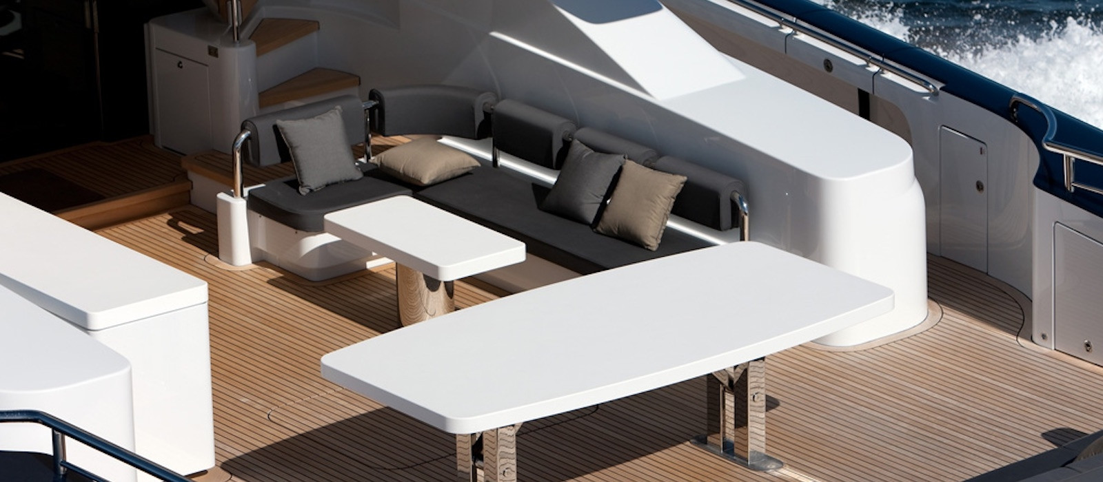 Aerial aft deck lounge on Quantum super yacht hire