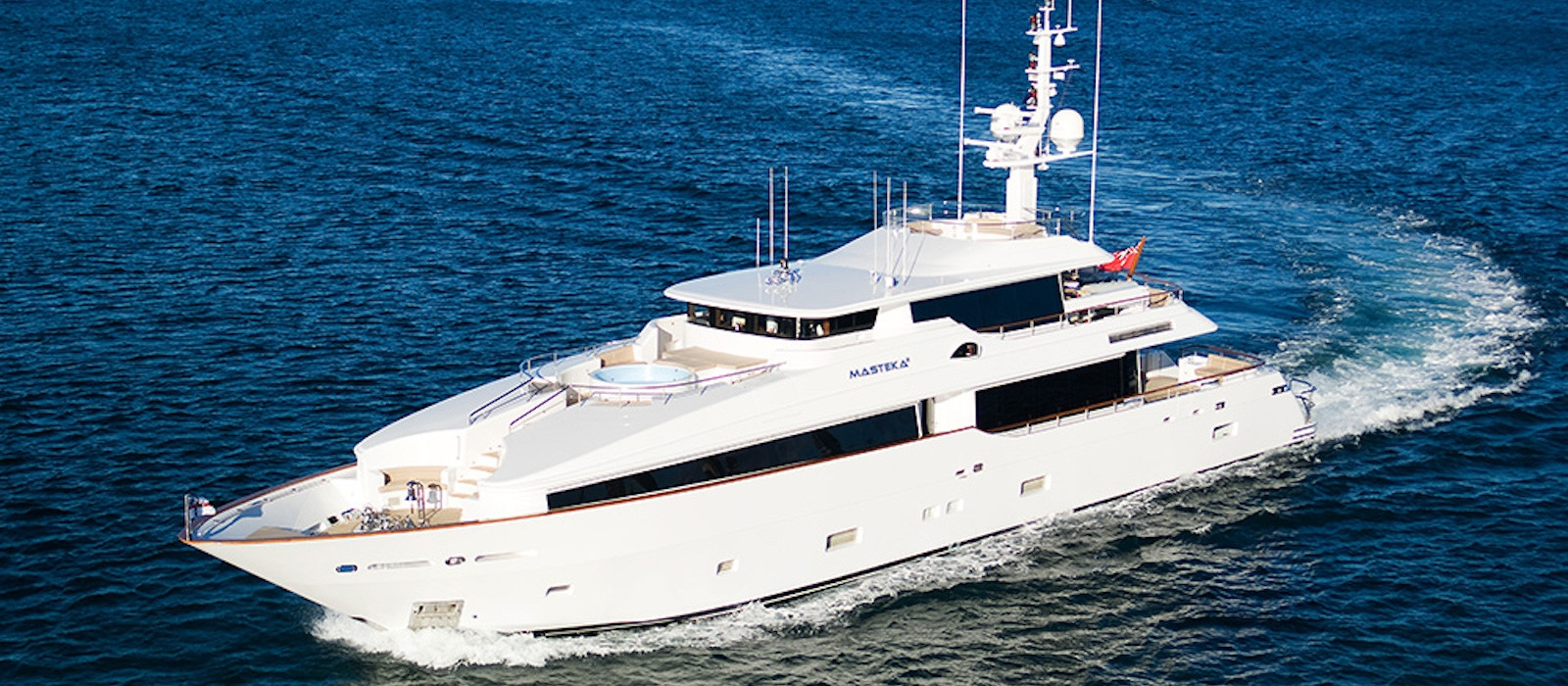 Aerial bow view of superyacht hire on Masteka II