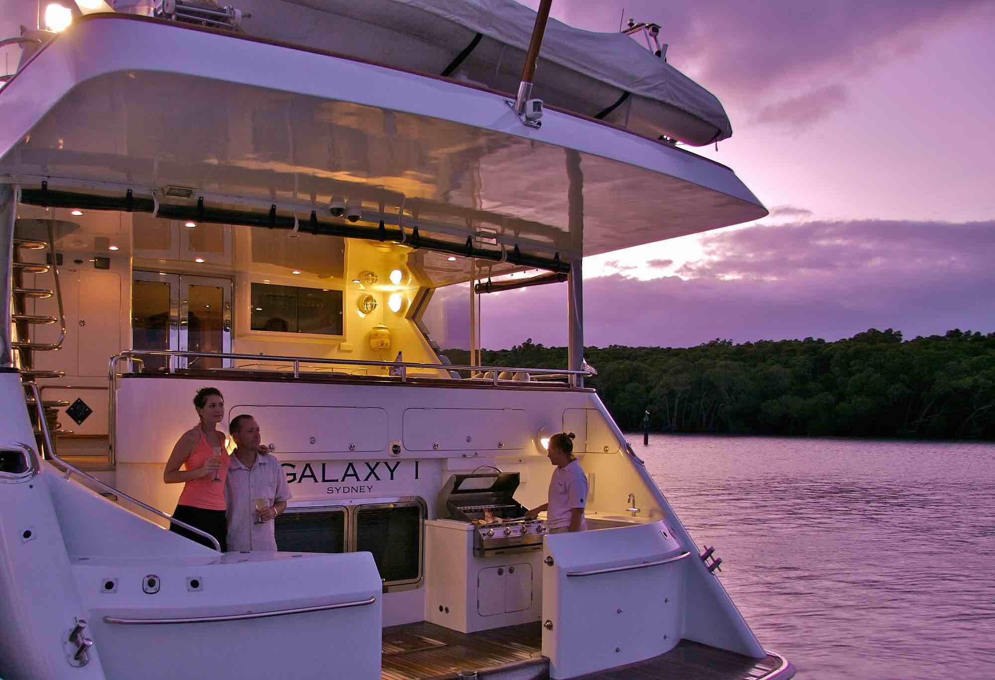 luxury boat hire on Galaxy I aft deck and swim platform