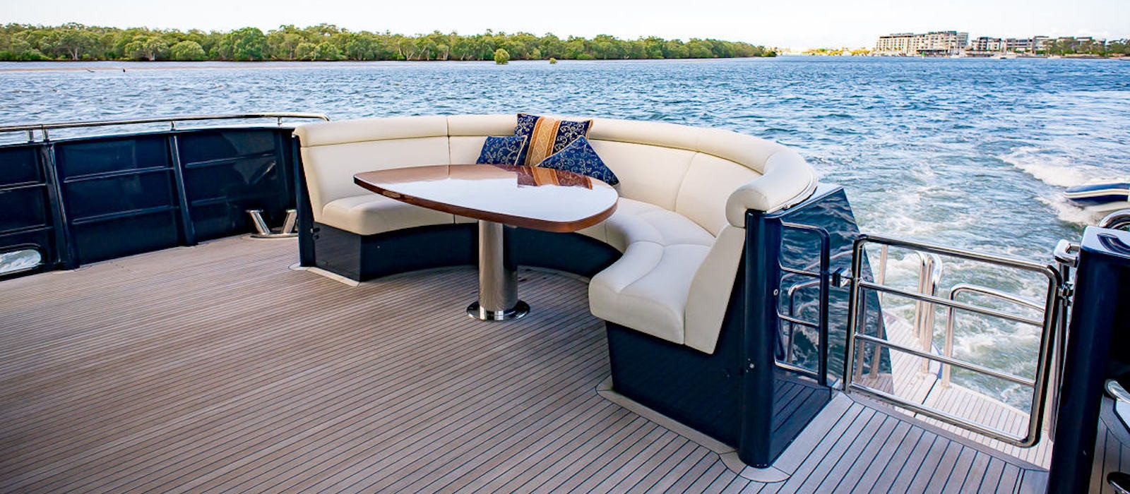Aft deck lounge on Patriot 1 luxury boat hire