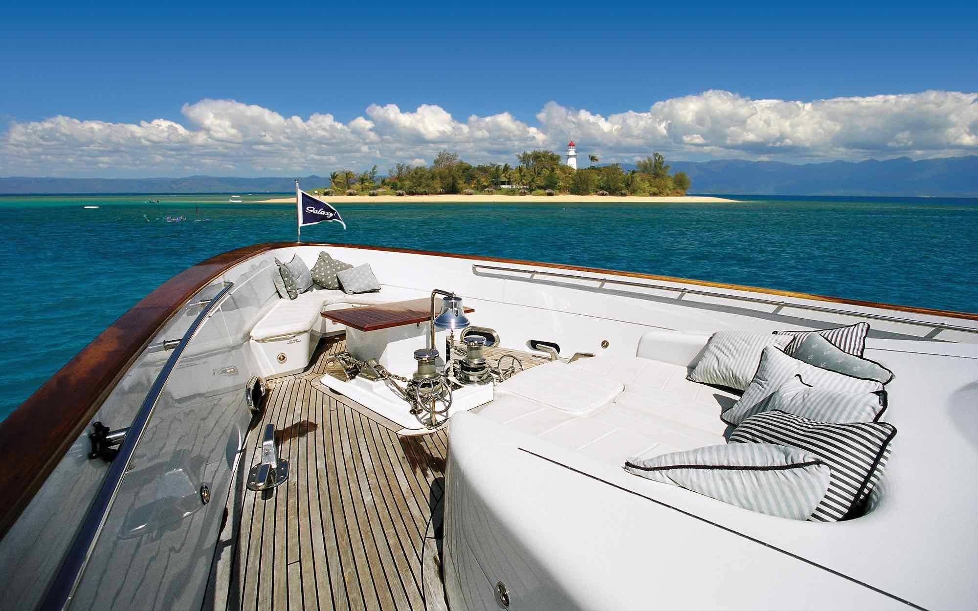 luxury boat hire on bow of Galaxy I