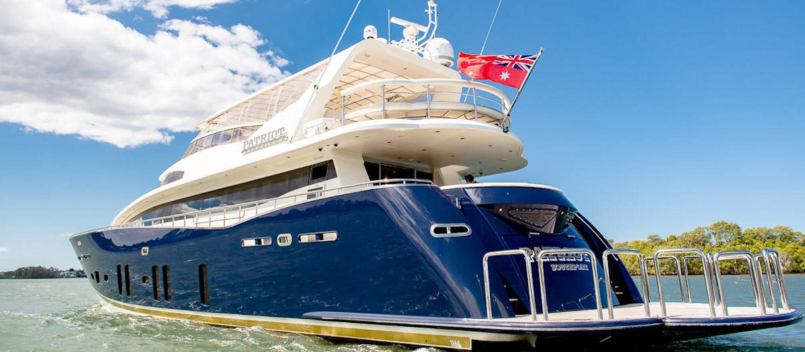 Stern view of Patriot 1 super yacht hire 