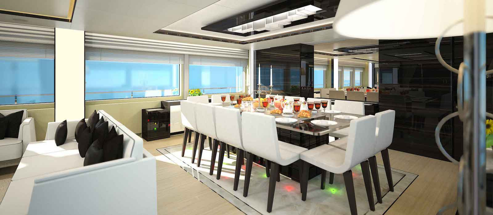 Dining and lounge on Ghost II superyacht hire