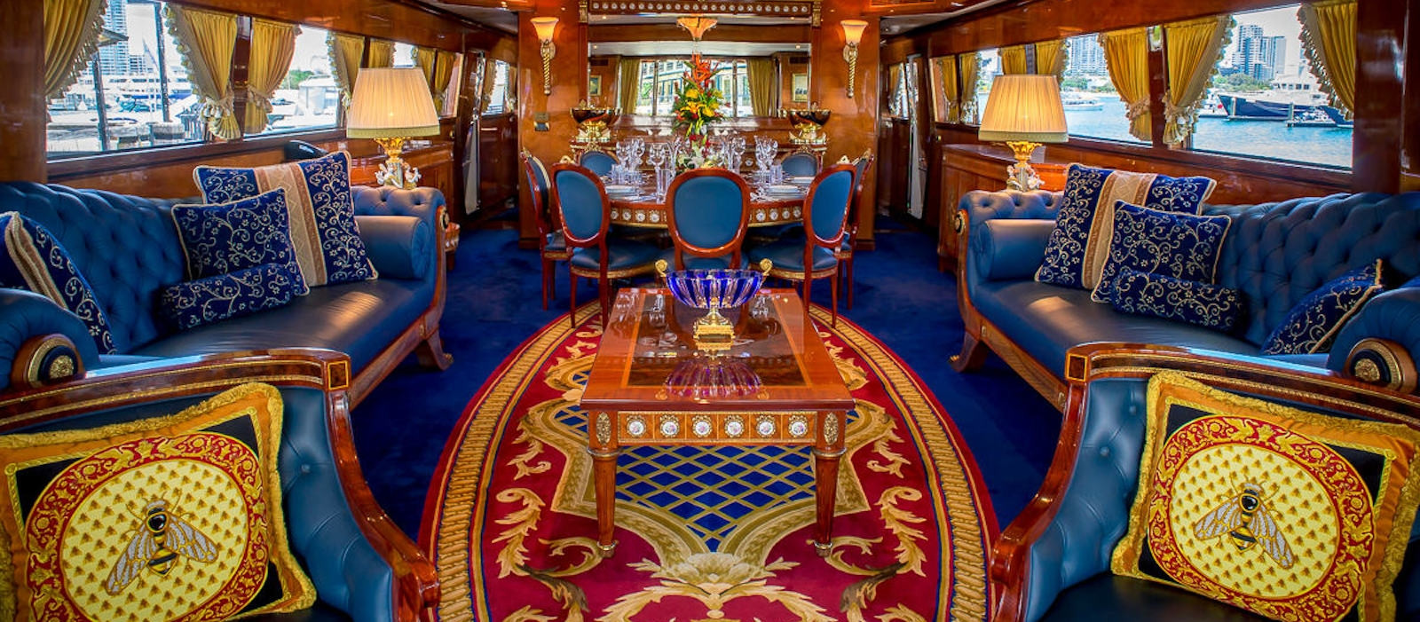 Main saloon and dining on Patriot 1 super yacht hire 