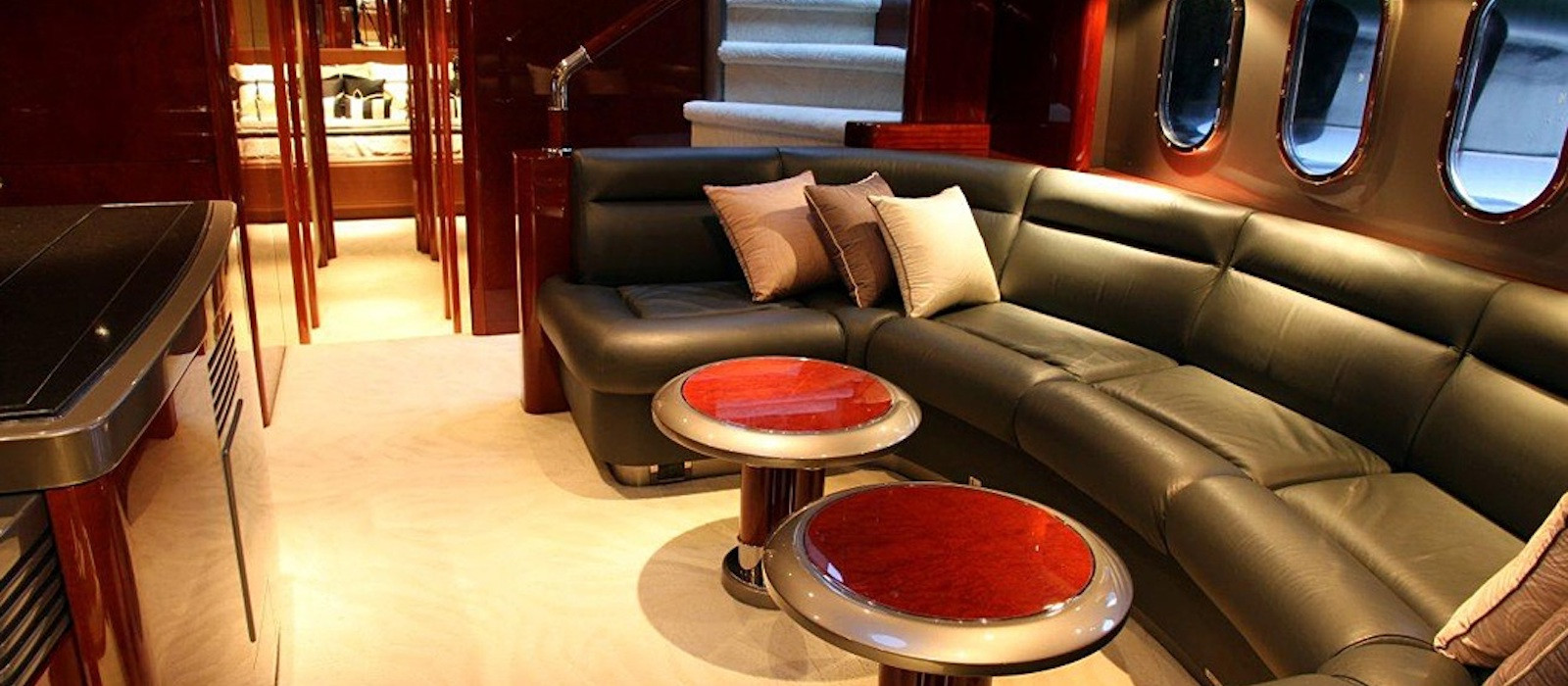 Lower entertainment lounge on Ghost I luxury boat hire