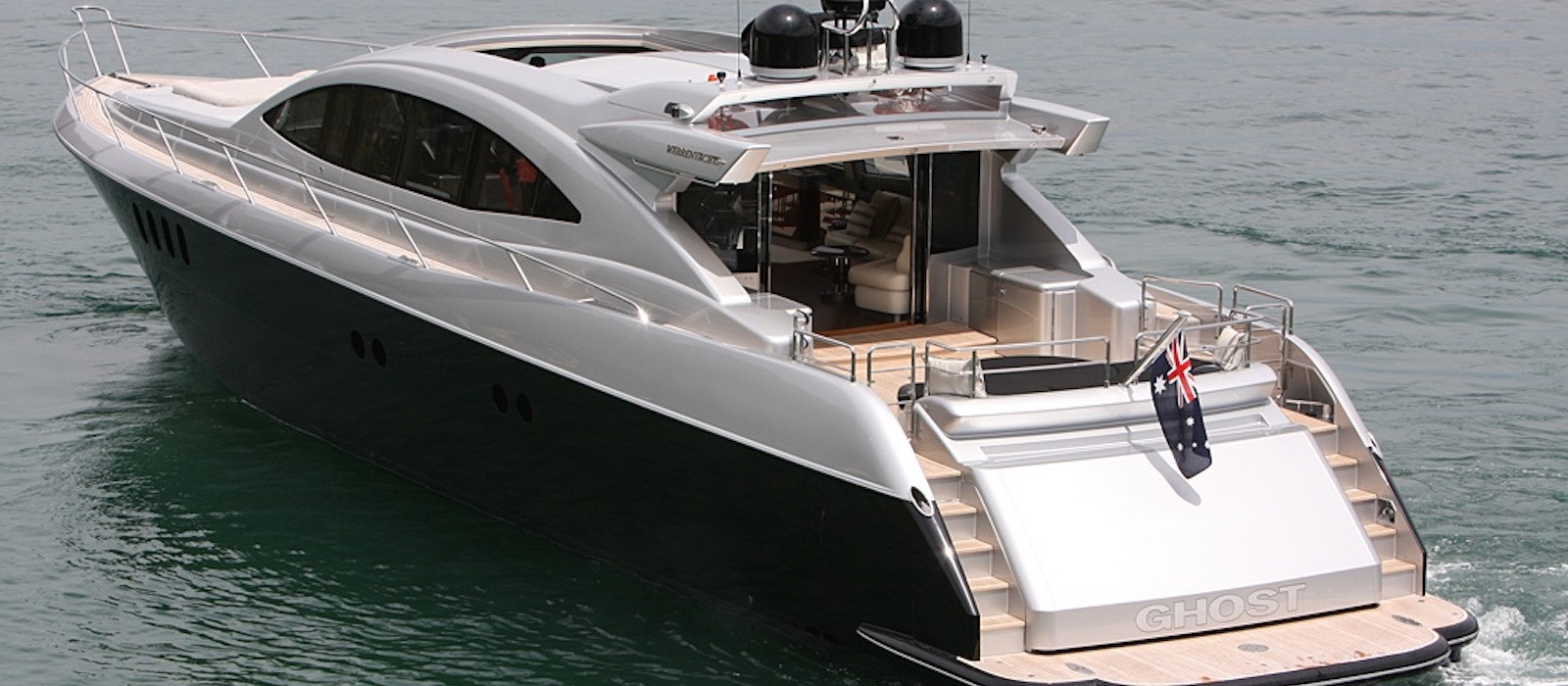 Stern view of Ghost I luxury boat hire 