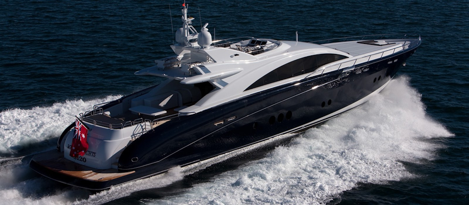 Aerial profile view of luxury boat hire quantum