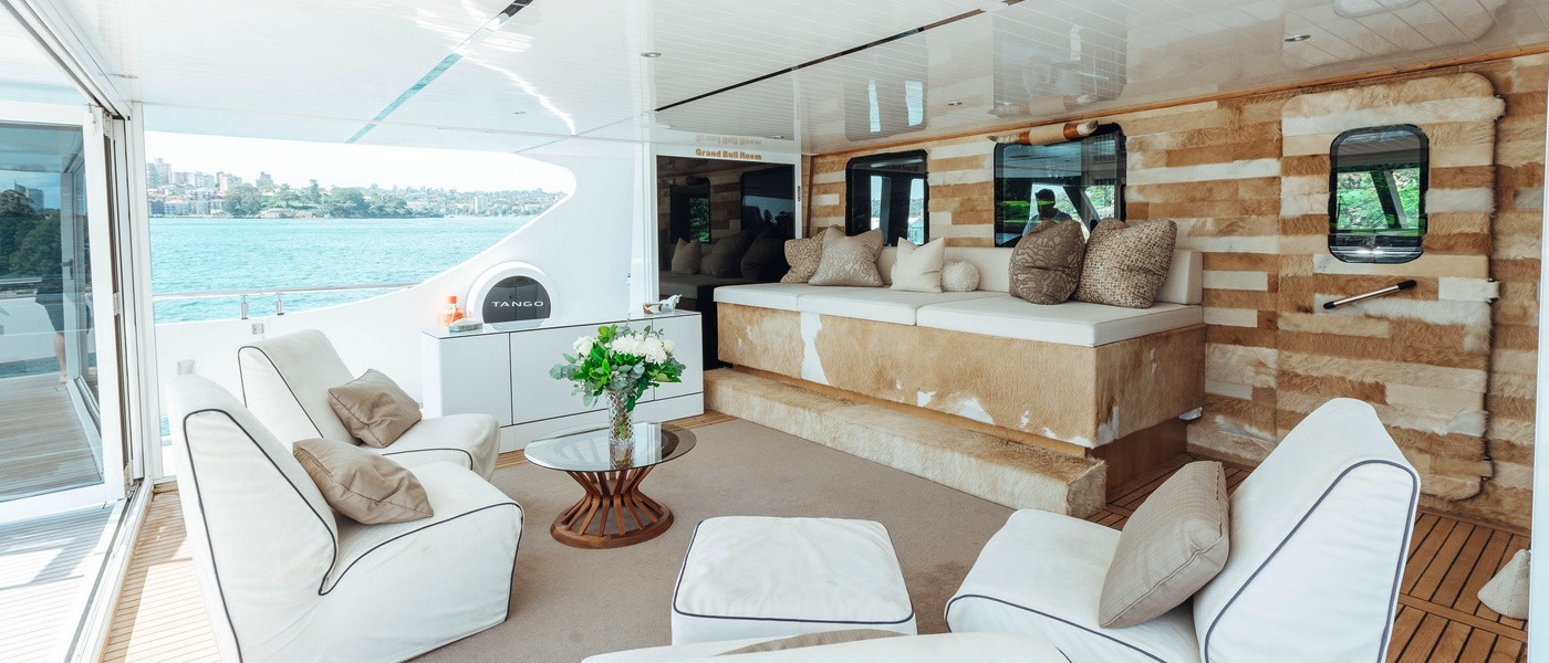 Top deck lounge on luxury boat hire on Tango