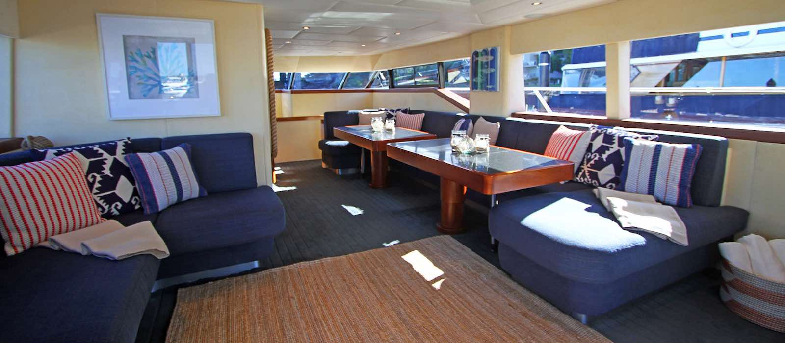 Open plan lounge on luxury charter yacht Element