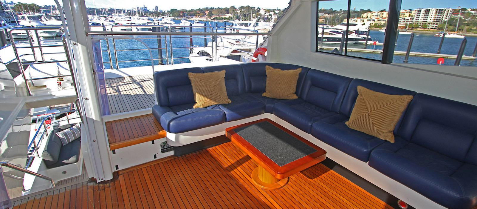 Top deck lounge on luxury boat hire Element