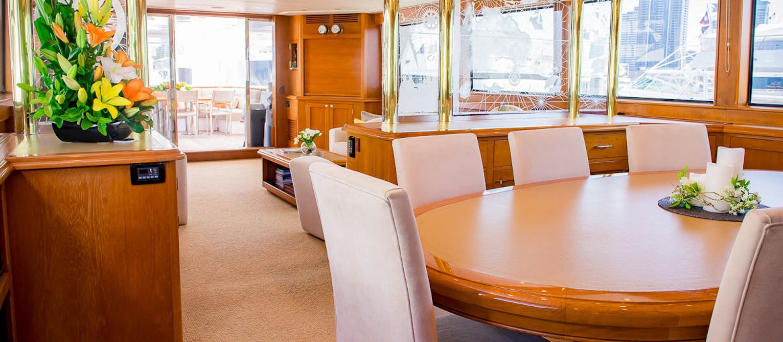 Main dining on Phoenix One super yacht hire