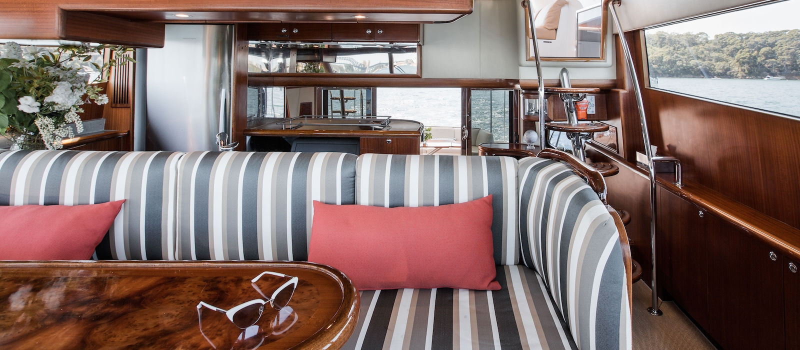 Formal lounge on Enigma luxury boat hire