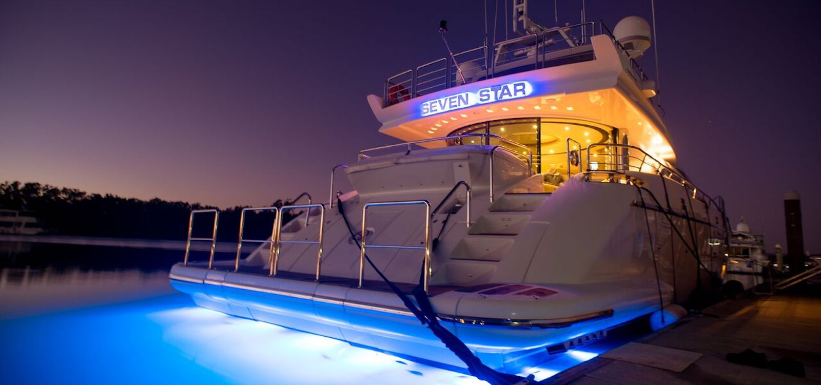 Night Lights on for luxury boat hire on Seven Star