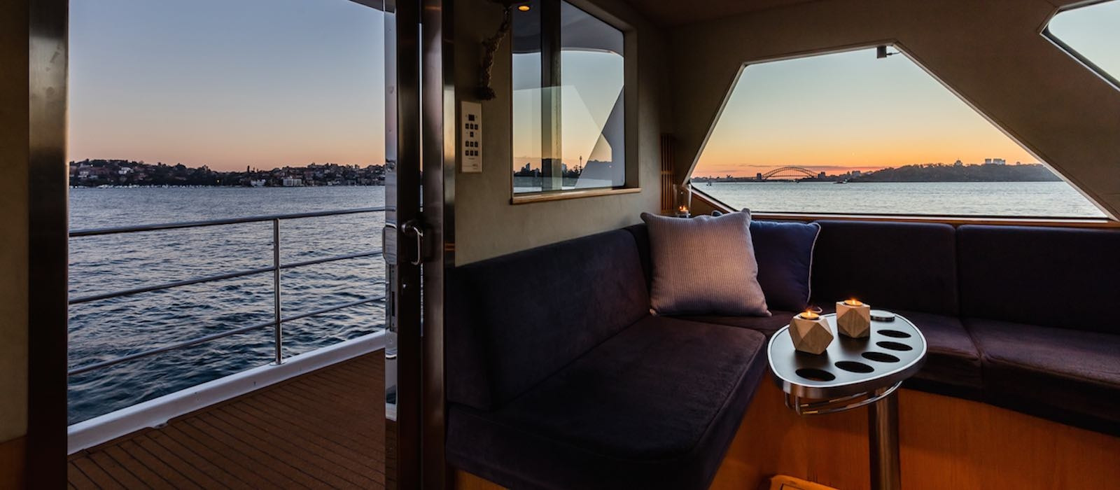 Sunset views from State of The Art luxury boat hire