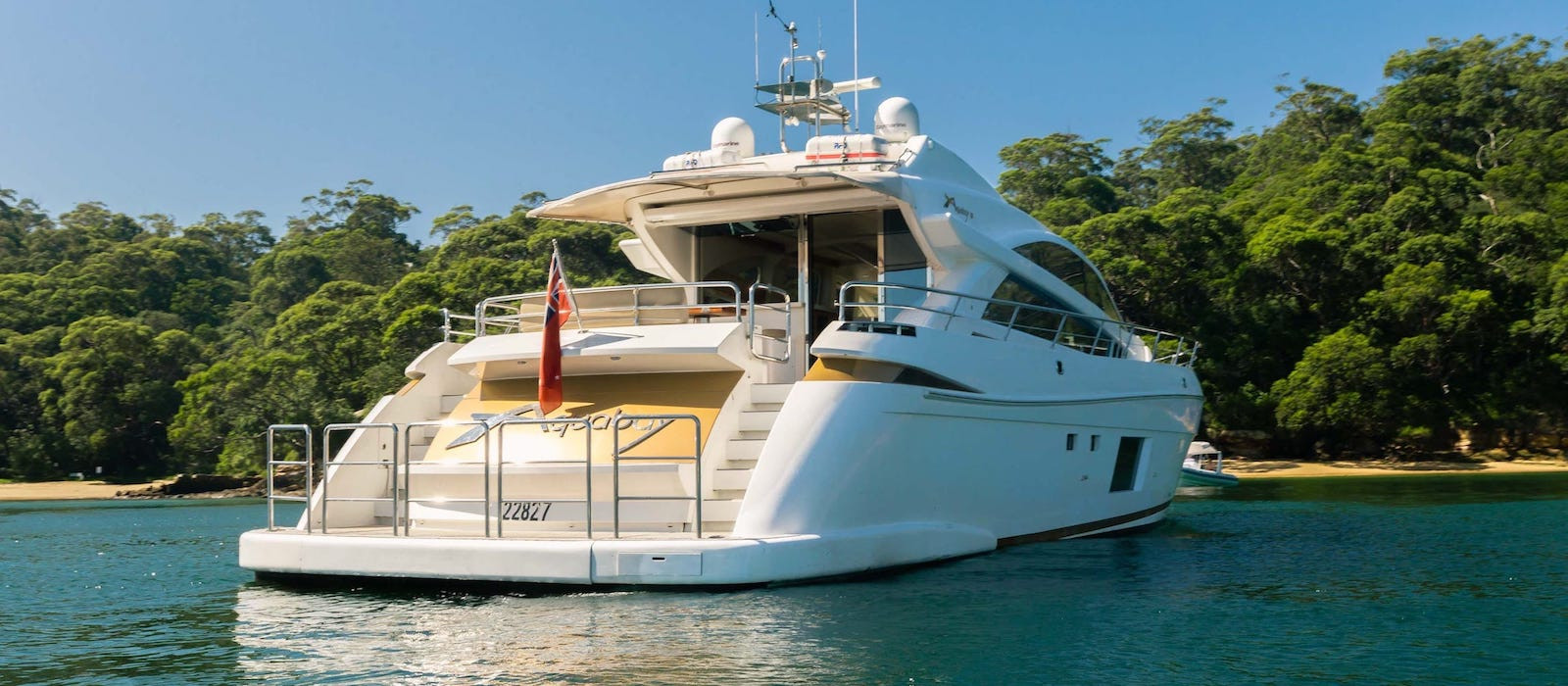 Stern view of luxury boat hire on Aquabay