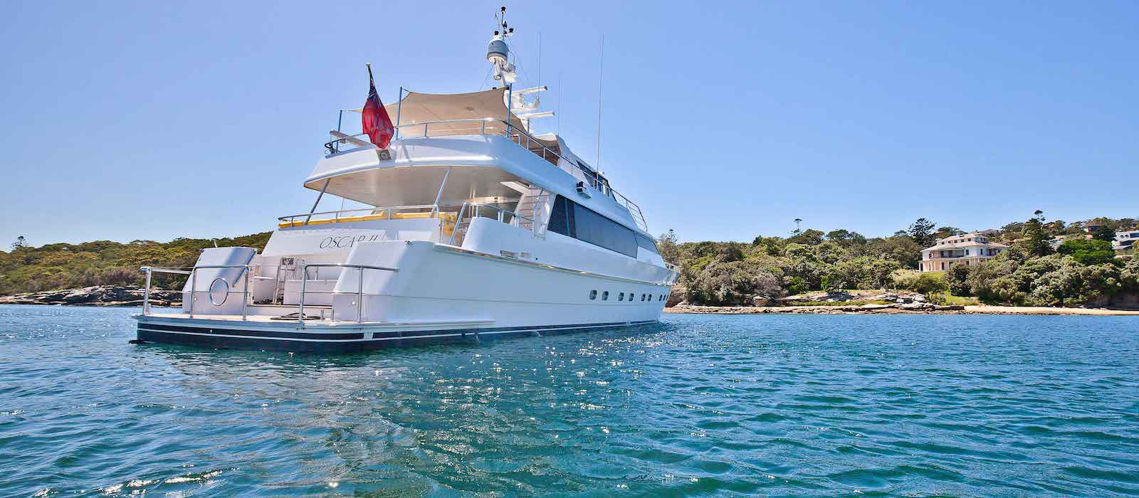 Stern view of Oscar II superyacht hire